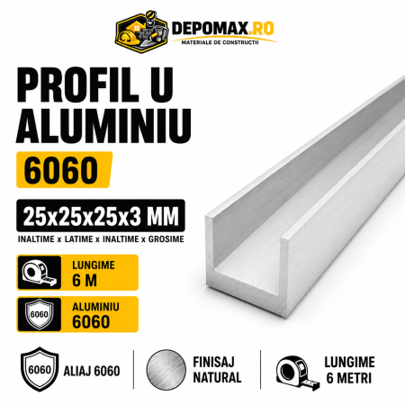 Profil U aluminiu 25 x 25 x 25 x 3 mm, 6 metri